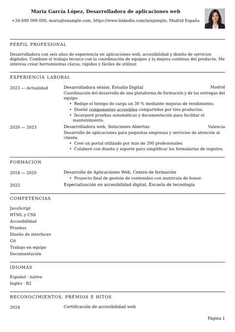 Ejemplo de currículum con la plantilla Clásica: experiencia, formación y competencias en una columna