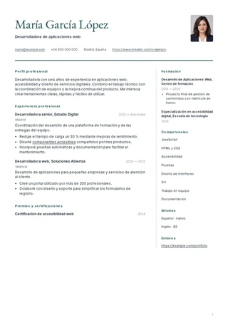 Plantilla Profesional, con columna lateral verde y nombre en serif